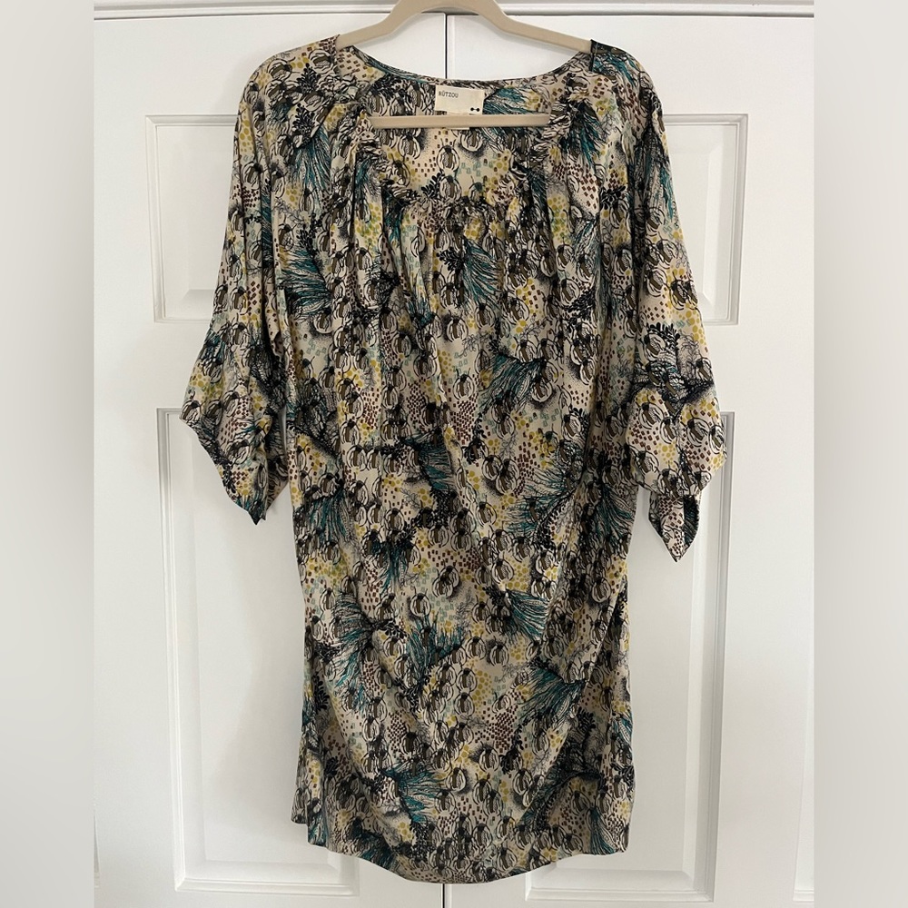 Anthropologie Rutzou Beige Critter Carnival 100% Silk Shift Dress, Size 10